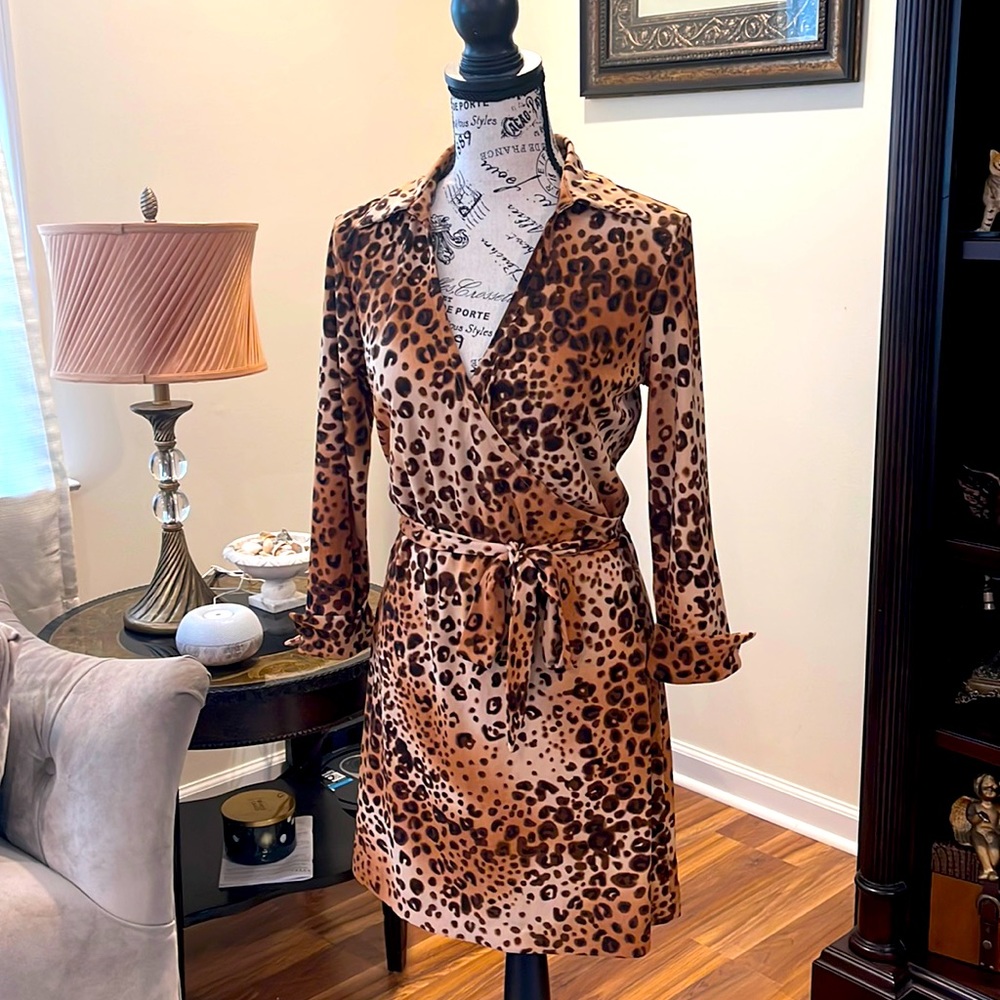 Brown and tan leopard print long sleeve dress
